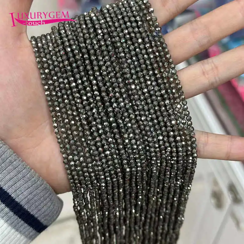 2mm 3mm Natural Color Pyrite Stone Faceted Round Shape Loose Beads DIY Jewelry Making Accessories 38cm sk603