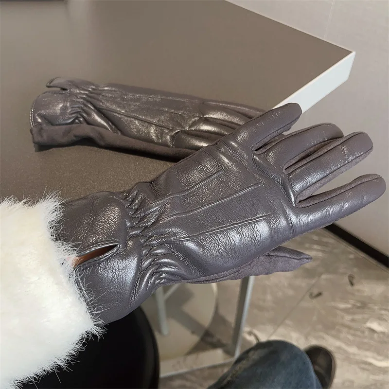 Gloves Women Faux Leather Suede Ribbed Cuff Fleece Lined Winter Cycling Chic One Size