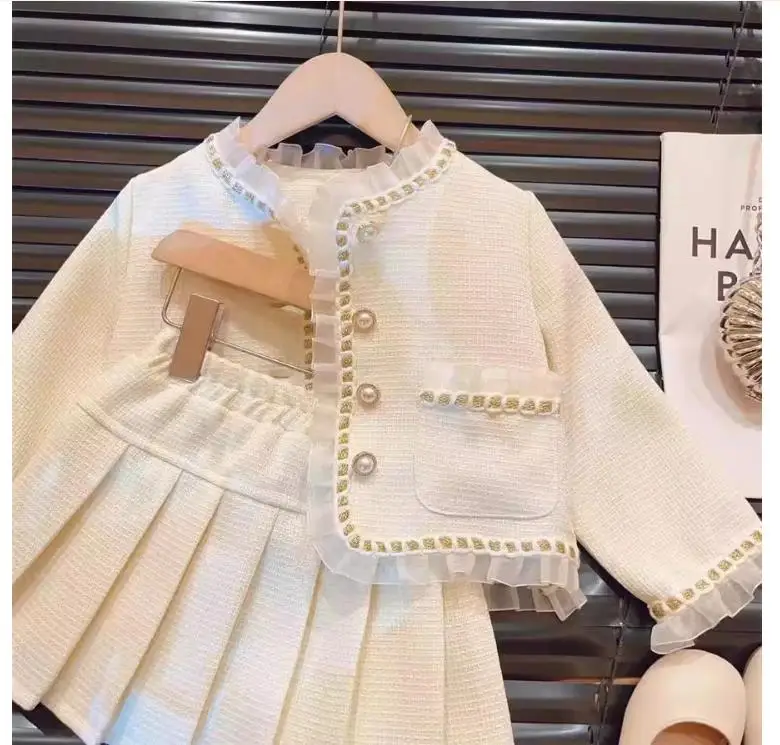 Gauze patchwork jacket pleated skirt two-piece set