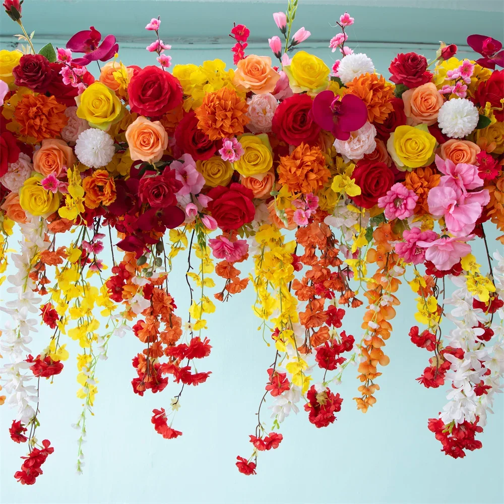 Wedding Floral Arrangement Red Yellow Orange Series Rose Orchid Wisteria Artificial Flower Arch Backdrop Event Decor Customized