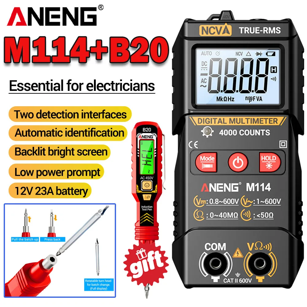 Automatisches Mini-Multimeter Digital Multifunktionsgerät 4000 Anzeigen ANENG M114+B20 Spannungsprüfer mit Ein- und Kreuzschlitz-Doppelschraubendreher