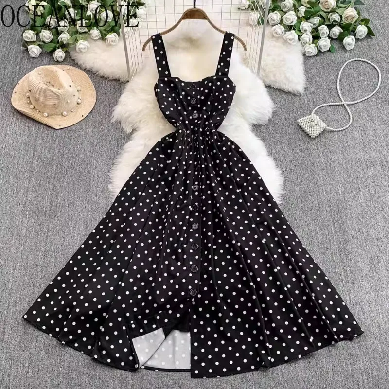 

OCEANLOVE Polka Dot Chiffon Long Dresses Backless A-line Spring Summer Vestidos Mujer Retro Korean Fashion Sweet Women Dress