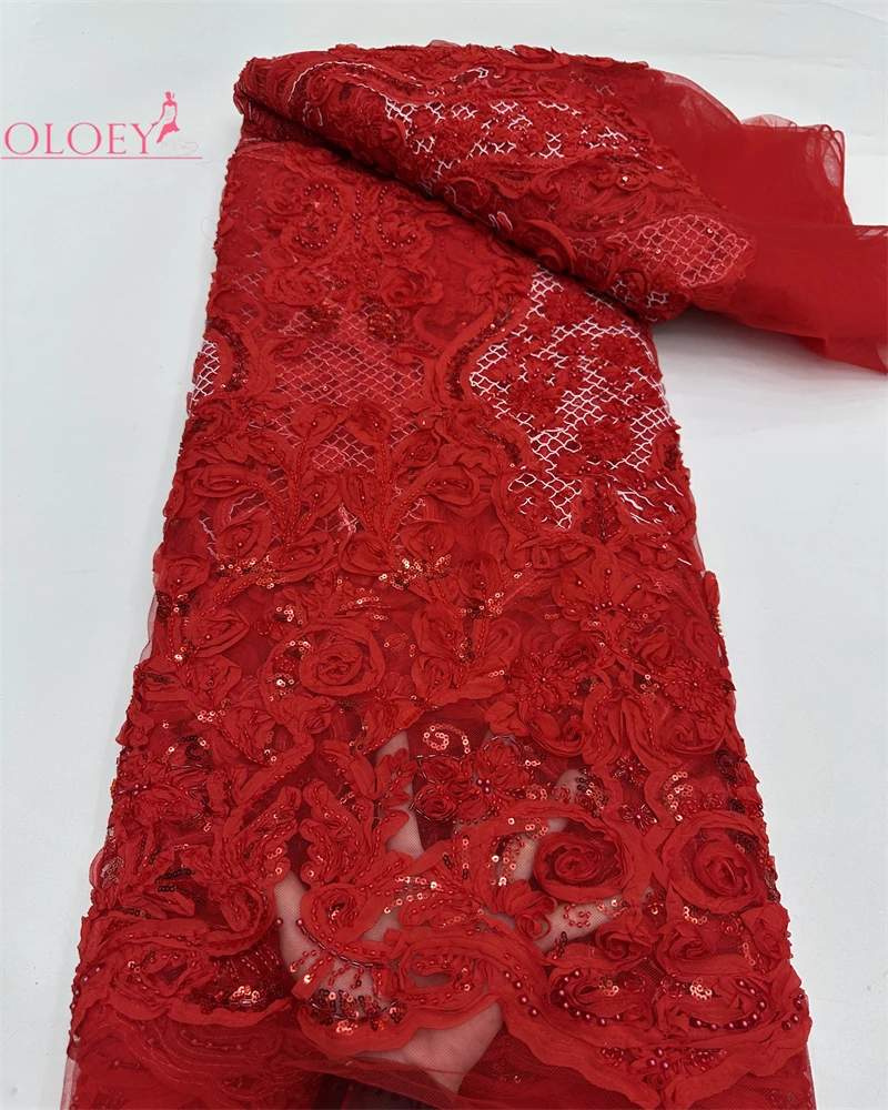 

OLOEY African Groom Beaded Lace Fabric 2026 High Quality Red French Nigerian Sequin Lace Fabric for Bridal Wedding Party Dresse