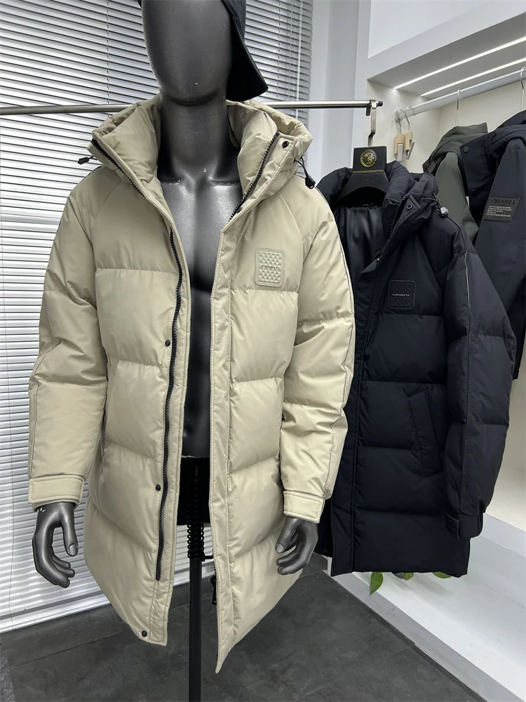 

Ультратеплая зимняя мужская куртка-пуховик средней длины с капюшоном, наполненная пухом 85% Du, модная городская стильная верхняя одежда