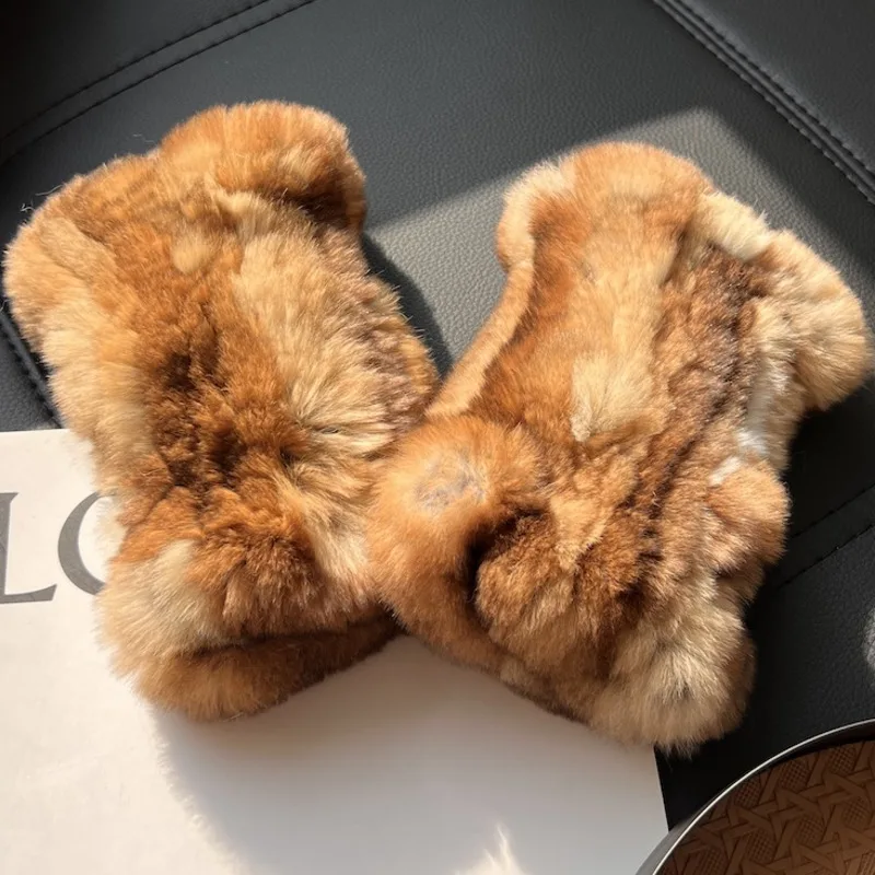 ถุงมือขนกระต่ายเร็กซ์แท้แบบครึ่งนิ้วสำหรับผู้หญิง ฤดูหนาว น่ารัก อุ่น หนา รองรับหน้าจอสัมผัส ถุงมือถักแบบยืดหยุ่น