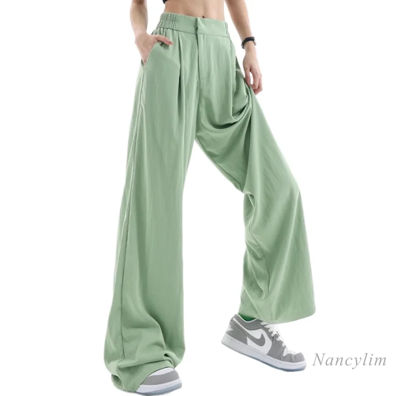 

2024 Summer High Quality Thin Super Soft Suit Pants Women's Elastic Waist Design Loose Wide Leg Pants All-Matching Trousers