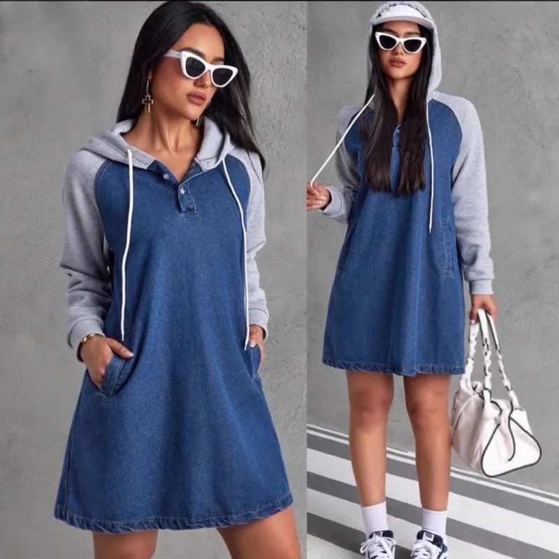Mini Dresses Women Vintage Denim Dress Hooded Patchwork Drawstring Button Washed Streetwear A Line 2025 Female Casual Vestidos