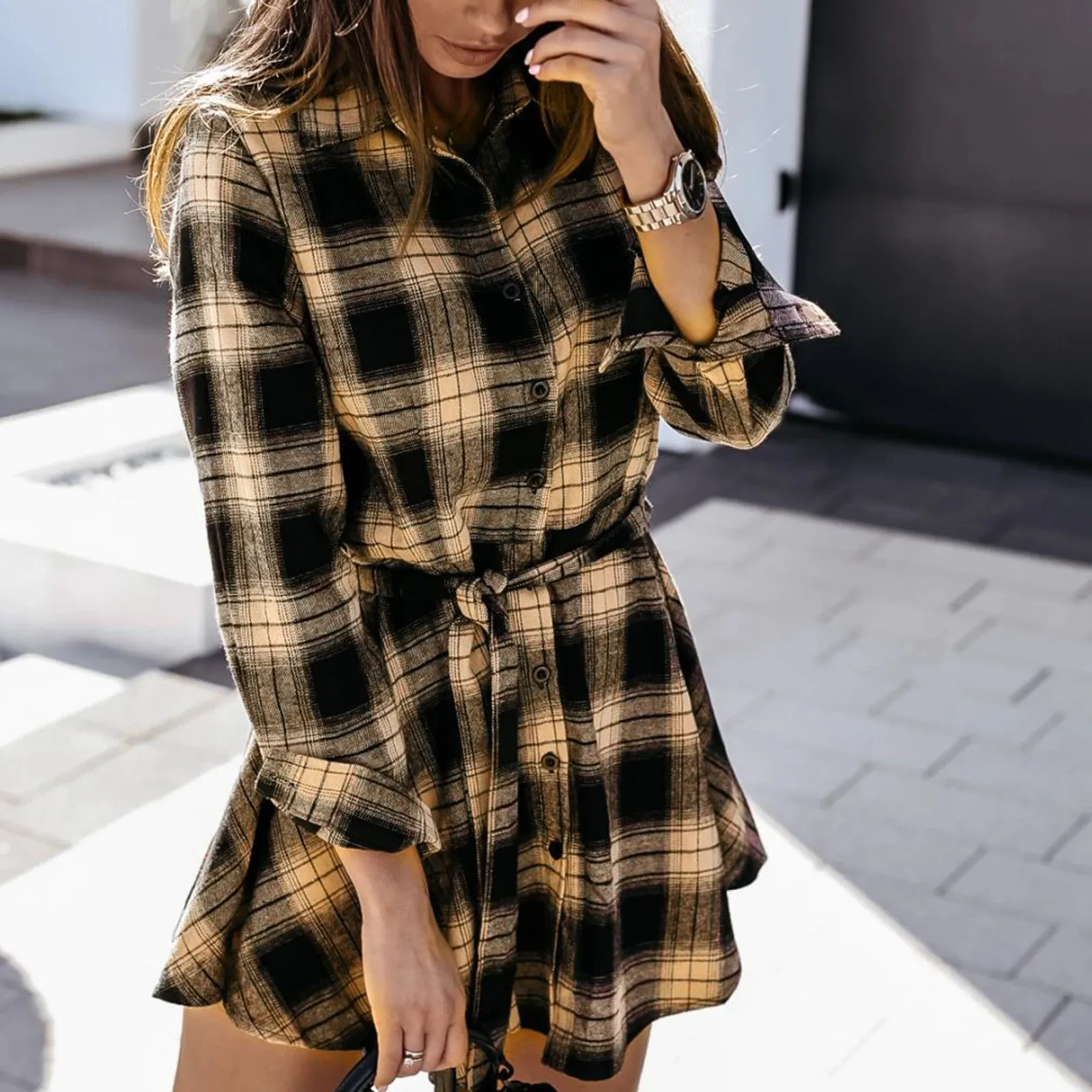 

Autumn Winter Fashion Plaid Print Shirt Dress 2023 New Trend Lace Up Dresses Temperament Elegant Casual Office Lady Button Dress