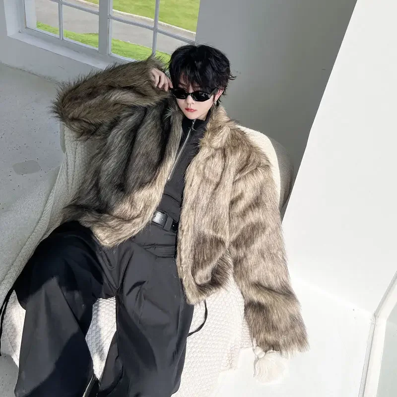 

Winter 2025 New Fashion Men's Stand Collar Long Sleeve Dark Grey Casual Trendy Loose Luxury Faux Fur Coats Male Clothes Tops