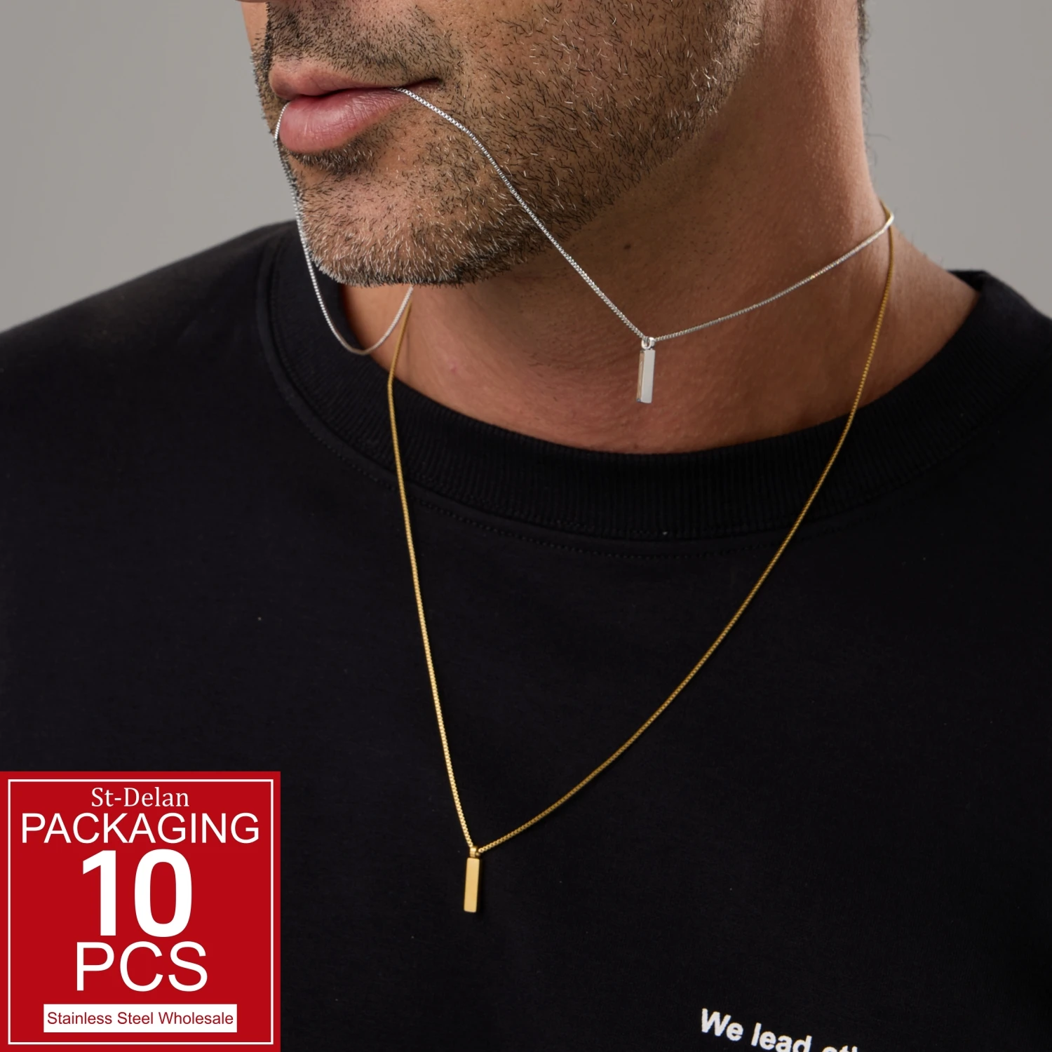 ZHENL 18K vergoldete Edelstahl-Boxkette Halskette für Herren 58cm Minimalistischer rechteckiger Stabanhänger Herren-Punk-Schmuck Geschenk – Detail 3