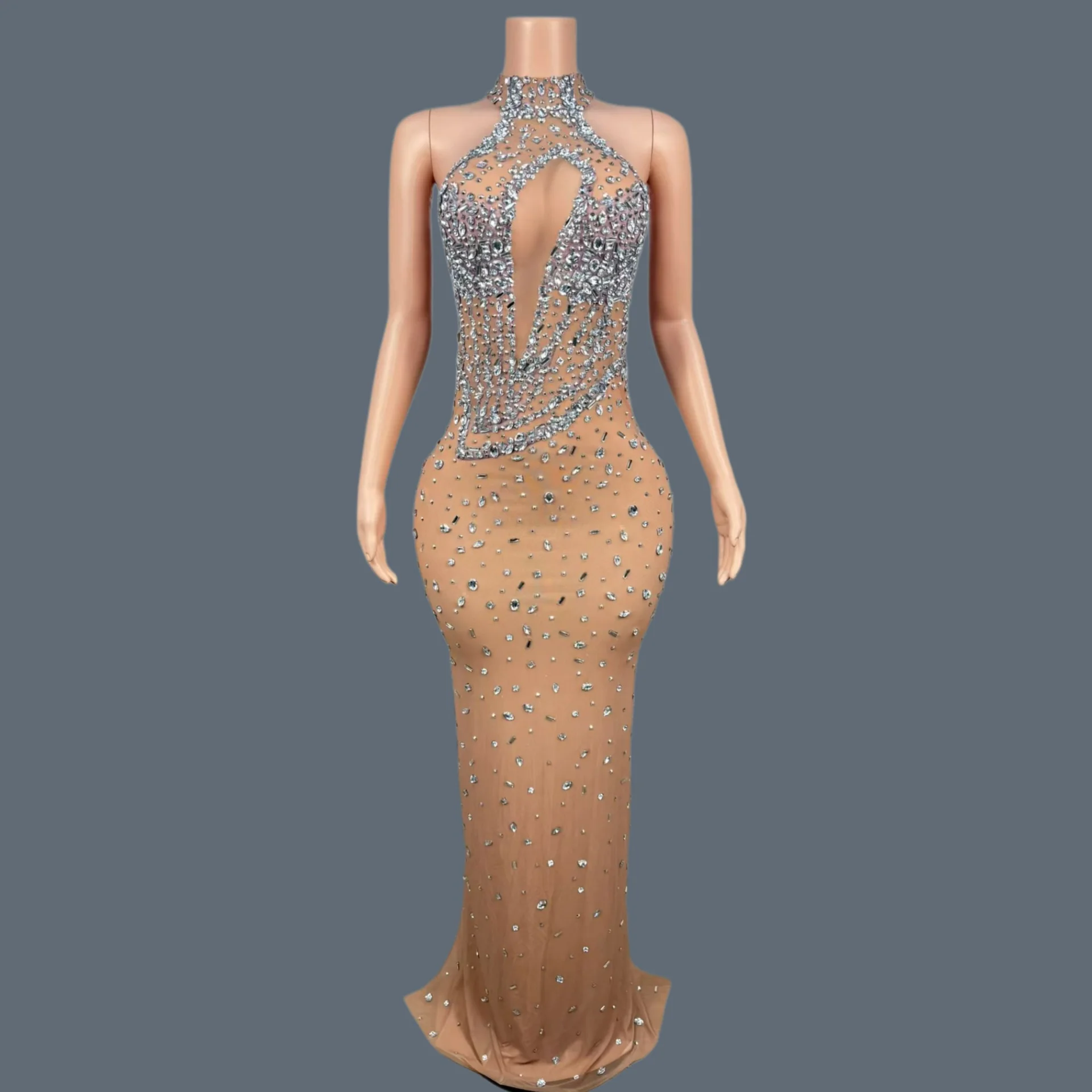 

Luxury Transparent Mesh Evening Gown Birthday Celebrate Party Sparkly Crystals Off shoulder Long Dress Homecoming Dresses Xiagu