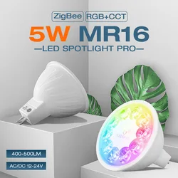 Gledopto Tuya APP Zigbee 3.0 GU5.3 5W MR16 RGBCCT Color LED Spotlight Bulb Pro 500LM AC/DC12V~24V Alexa Conbee RF Remote Control