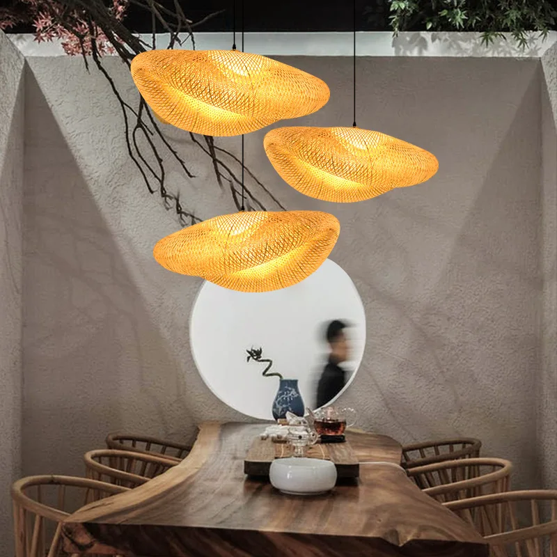 LED Handmade Rattan Chandelier Round Straw Hat Bamboo lampshane Pastoral Vintage Restaurant Light for Cafe Bar Restaurant