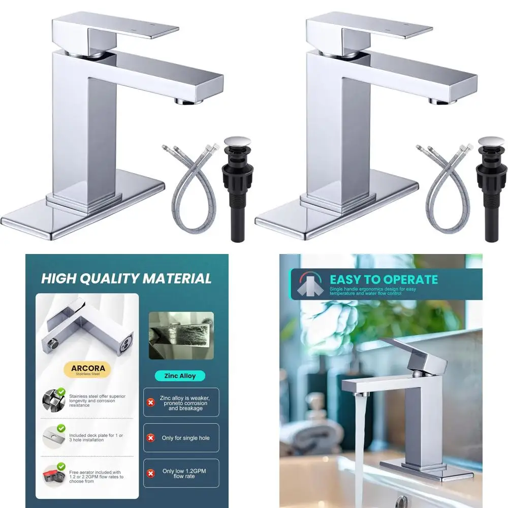 

Stainless Steel Single Handle Faucet with Chrome Finish, 1-Hole Sink Mount, Includes Pop-Up Drain and Supply Lines