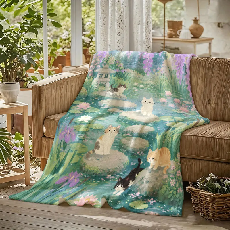 Cats Wisteria Pond Garden Flannel Blanket Perfect for Sofa Office Bed Travel Sleep Read Relax Camping Four Season Use