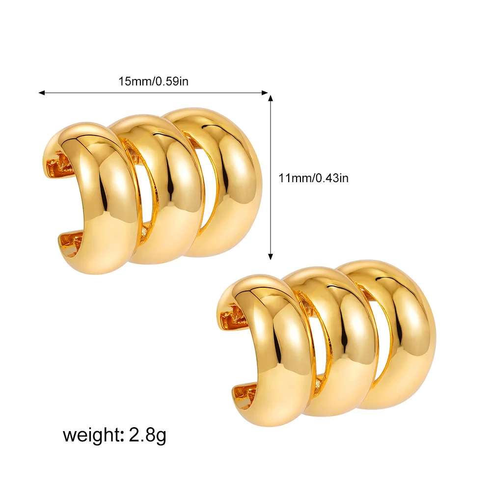 18K Gold Color Stainless Steel Three-layer clip earring for women Hollow Chunky Lined Ribbed Fake Cartilage Ear Cuff