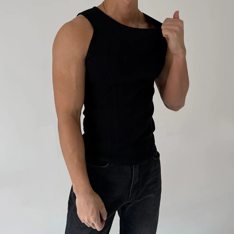 Sports Fitness Slim Sleeveless Tank Tops Men Fashion Solid Color Pleated Ribbed Vest Shirts Mens Summer Casual Elastic Camisoles