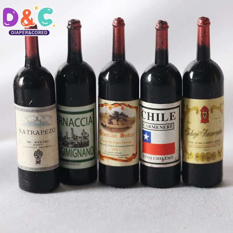 5Pcs 1:12 Dollhouse Miniature Red Wine Bottle Simulation Accessories For Food Play Toy Decoration