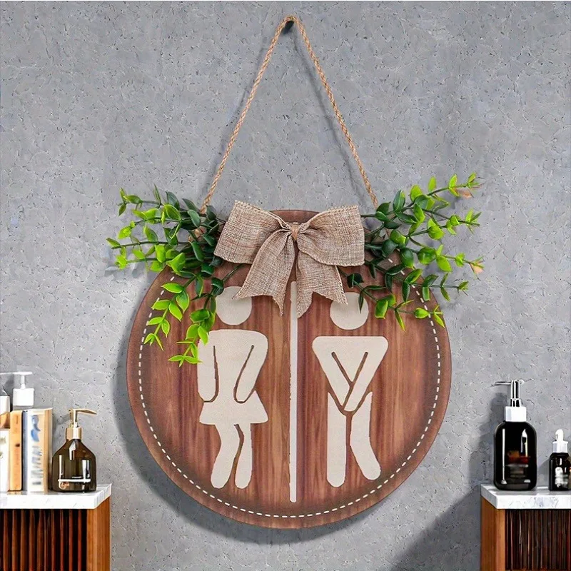 1Pc Rustic Wooden Restroom Gender Sign Round Wall Decor Silhouette Figures Greenery Farmhouse Style Bathroom Door Hanger