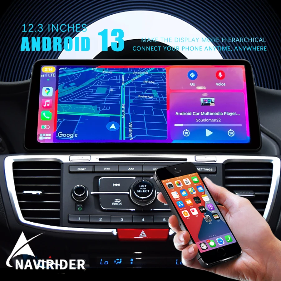 

NaviRider 12,3 "Android 13 экран для Honda Accord 9 2013-2018 Navig Автомобильный мультимедийный видеоплеер Радио 256 ГБ хранилище Carplay GPS