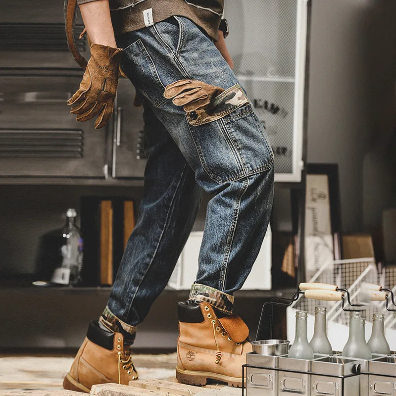 New Spring Autumn Vintage Big Pocket Male Fashion Denim Work Wear Cargo Casual Korean Hip-hop Baggy Jeans Men Overalls Trousers