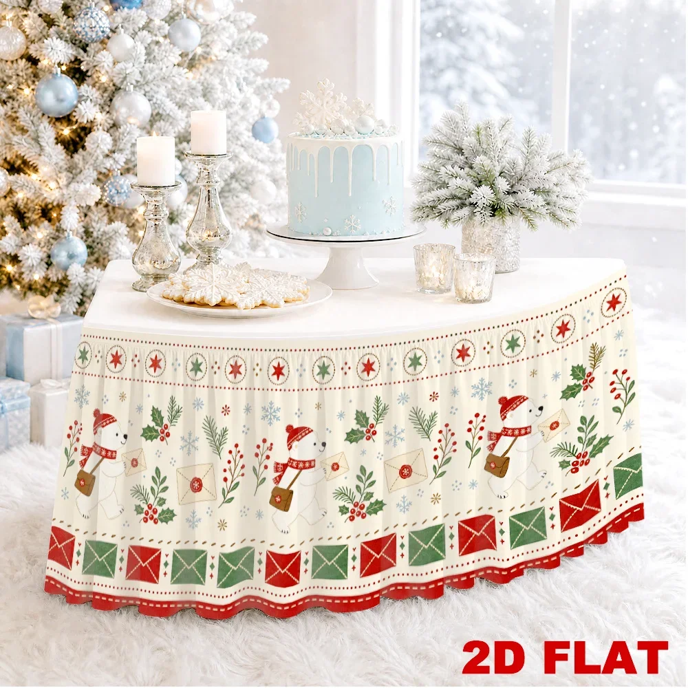 2D planar polar bear festival tablecloth, 1 piece, festive Christmas decoration, red, green and white background