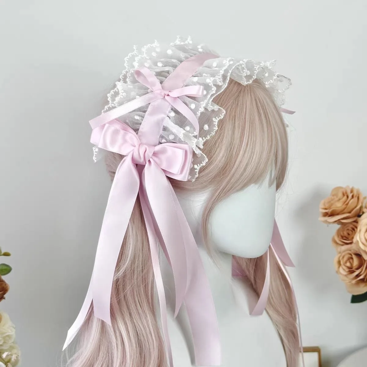 Lolita różowy kolor koronkowa opaska na głowę wstążka kokarda opaska do włosów słodka kokardka pokojówka Cosplay nakrycie głowy nocna impreza akcesoria do włosów — zdjęcie 5