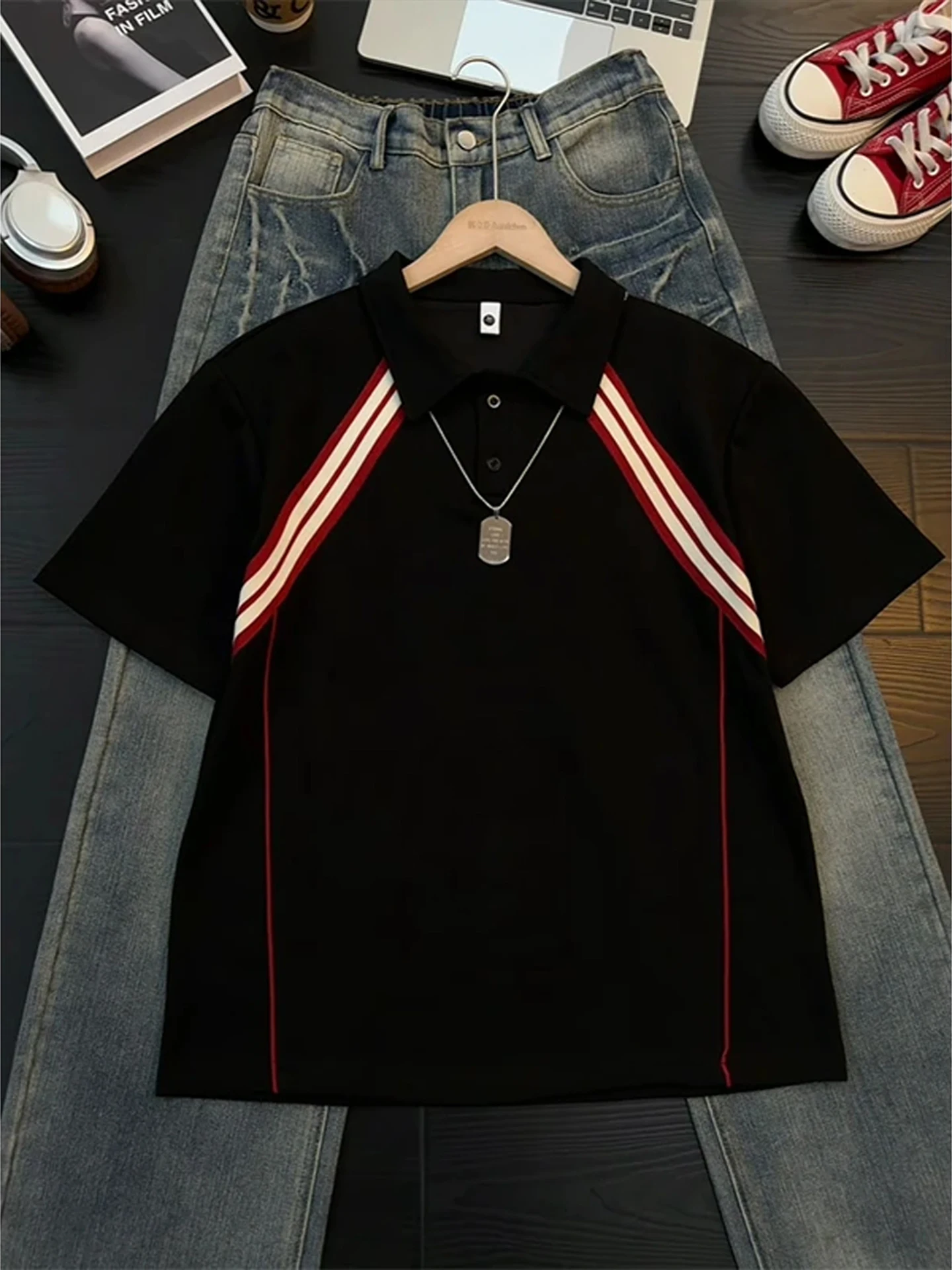 Cleanfit Stripe Splice  Shirt Short Sleeve Men Summer American High-End Feel Half Sleeve T-Shirt Heavyweight Color Block