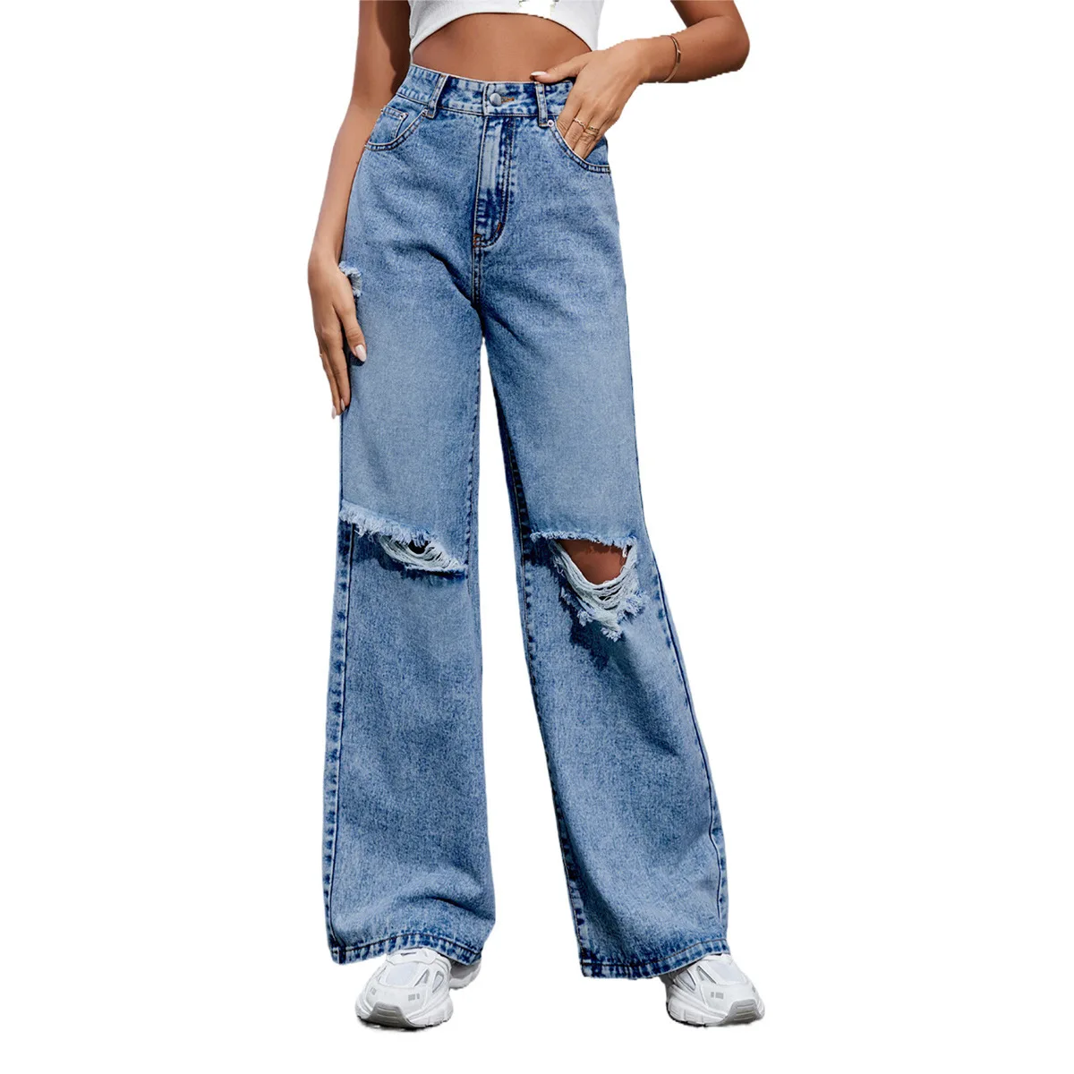 

Faionable High Waist Wide Leg Jeans Casual Denim Long Trousers Trendy Hole Design Ladies' Jeans Straight Cut Micro Stretch