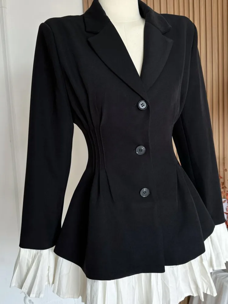 LGRQ abito Blazer a vita bassa da donna moda contrasto colore pieghettato Patchwork Design abiti monopetto 2024 nuovo autunno