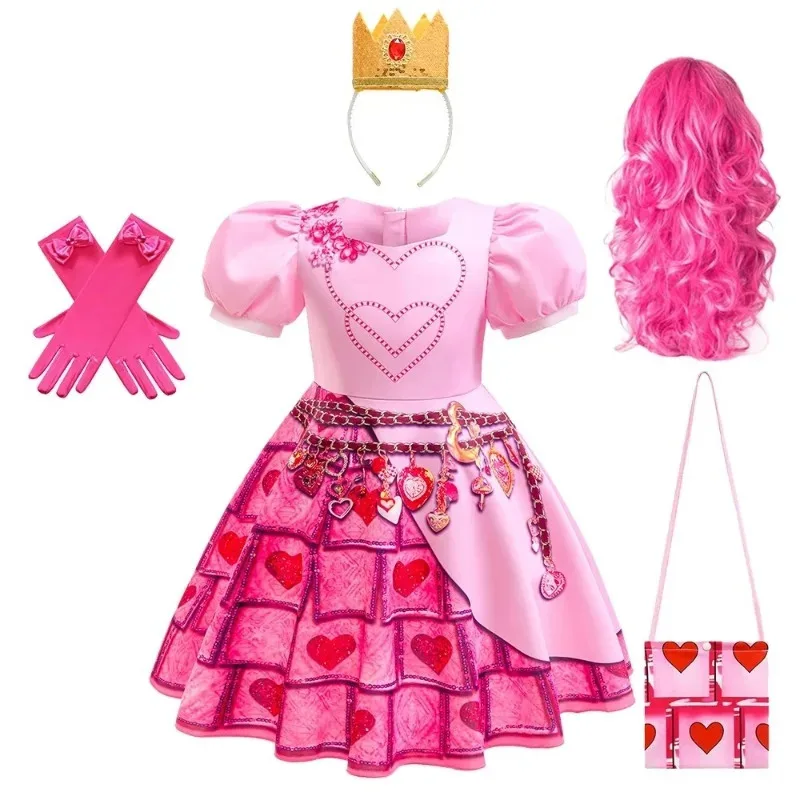 أزياء الهالوين التأثيرية D-Descendants 4 أزياء بطل الرواية للأطفال البنات حفلة تنكرية ملكة القلوب شعر مستعار وردي #2