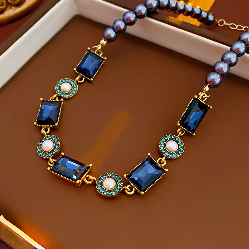 3 Pcs Dark Blue Rhinestone Square Pearl Necklace for Women Medieval Vintage Collarbone Chain Exquisite Sparkle Jewelry Sets