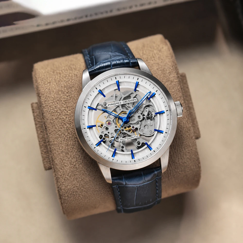 PAGANI DESIGN Hot Sale Mens Mechanical Watch Genuine Leather Strap Skeleton Design Fashion Casual Business High Hardness Glass