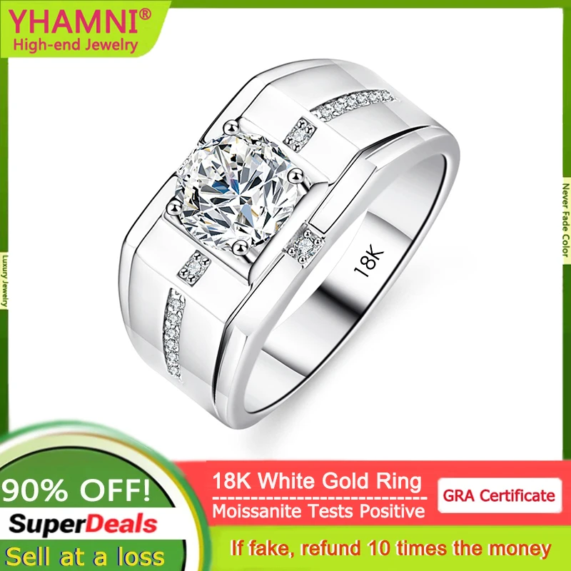 YHAMNI 18K White Gold 1 ct Moissanite Ring Lab D Color Eight Hearts And Eight Arrows Cut Holiday Men's Luxury Wedding Ring Gift