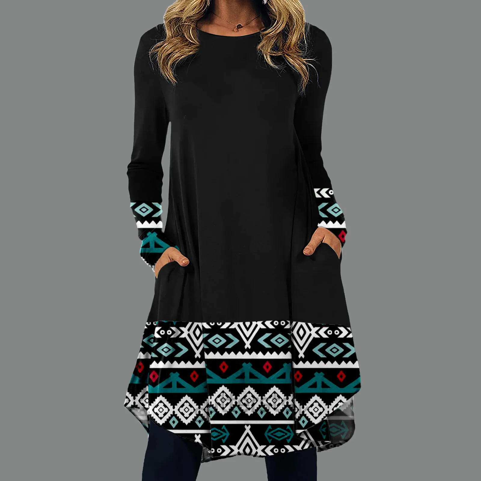 Women Spring Dress Pockets Big Hem Ethnic Print Long Sleeves Crew Neck Vintage Plus Size Lady Dress Loose All Match Work Vestido