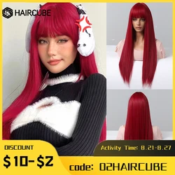 HAIRCUBE Wine Red Long Straight Synthetic Wigs With Bangs for Black Women Cosplay Christmas Wigs Heat Resistant Natural Hair