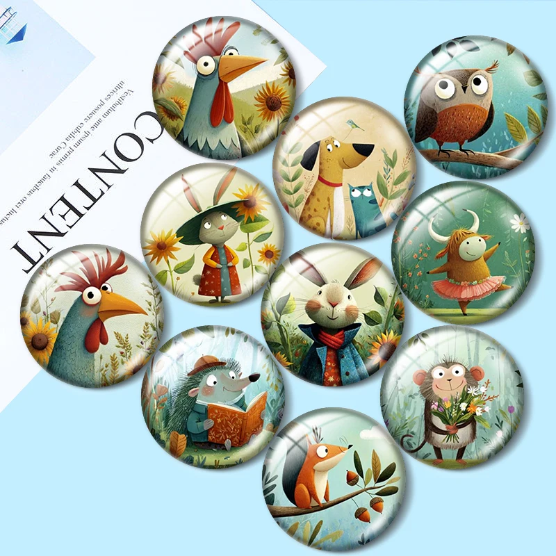 Cabochões de vidro com animais fofos em aquarela, 12/18/20/25mm, para pulseiras, pingentes, anéis, brincos e componentes para fabricação de joias