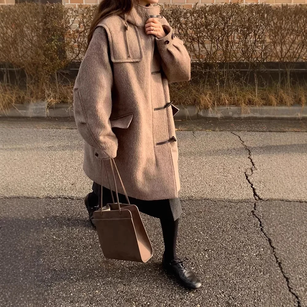 Elegant Woolen Duffle Coat with Hood And Horn Buttons for Women Warm High Waist Casual Long Sleeve Mid-Length Coat