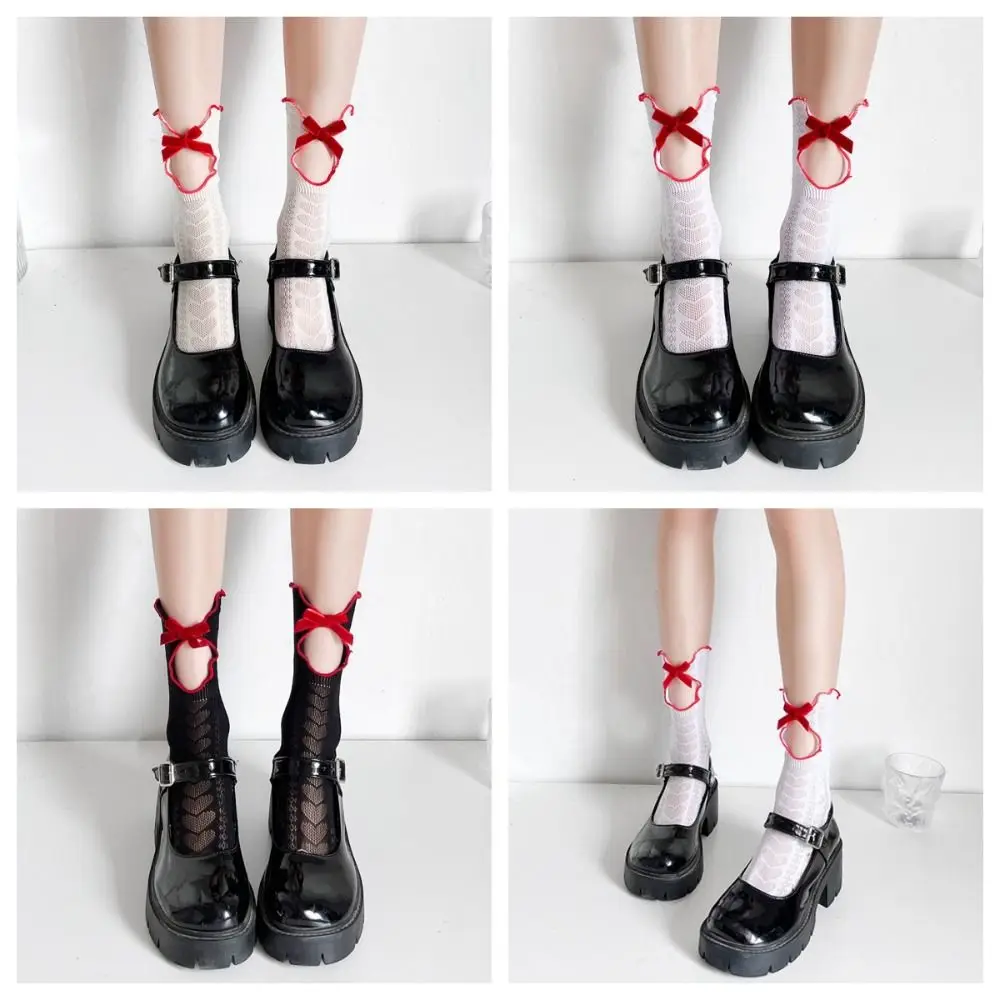 

Hollow Out Women Lolita Socks Breathable Chinese Style Mesh Jk Hosiery Anicent Bow Lace Socks Spring