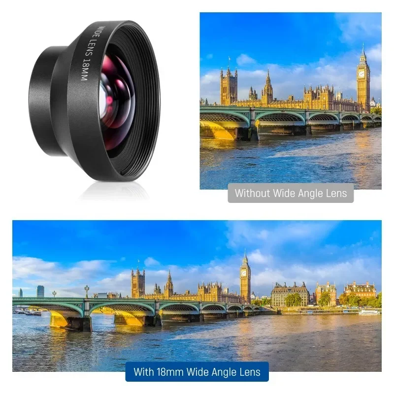 HD 18mm 100° Wide Angle Lens for Phone Cage Rig with 17mm Lens Adapter 0.5X Magnification