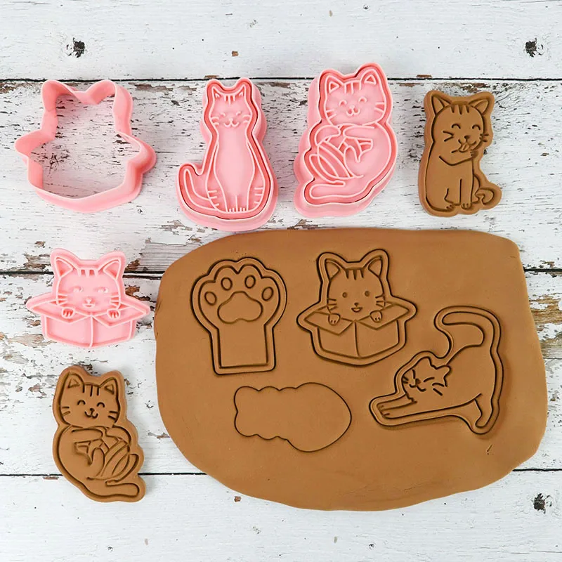 

8Pcs/set 3D Cartoon Cat Cookie Cutters Plastic Pressable Biscuit Mold Cookie Stamp Kitchen Baking Pastry Bakeware Tool