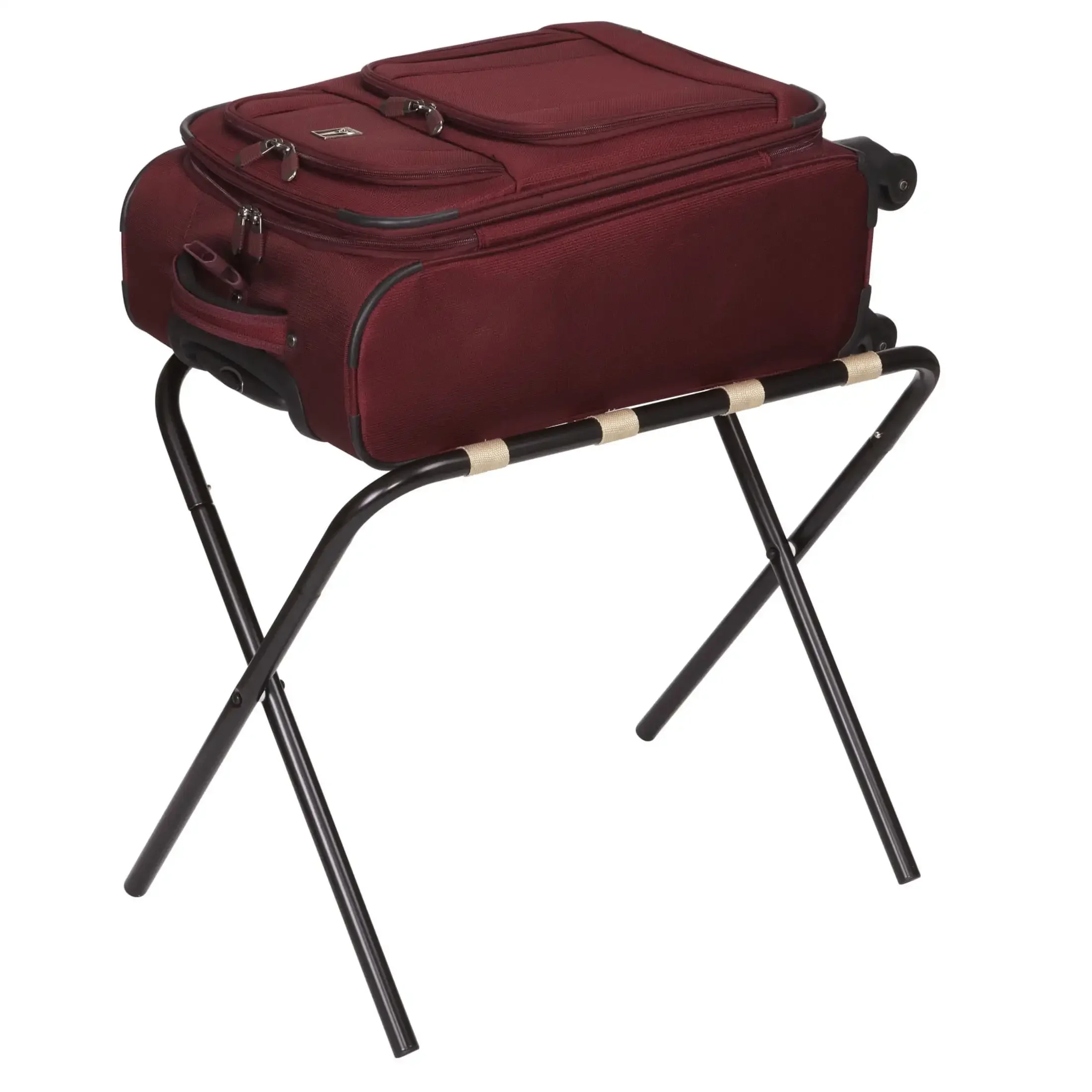 Luggage rack, black frame, chrome frame with khaki shoulder straps, stylish appearance