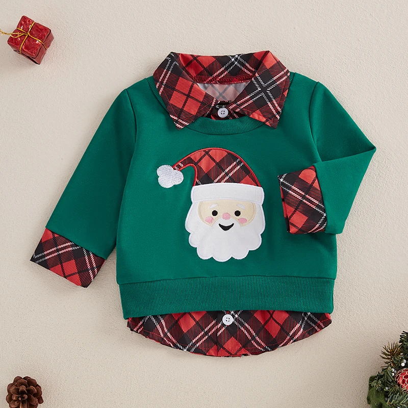 Toddler Boys Christmas Sweatshirt Plaid Santa/Reindeer Long Sleeve Lapel Neck Casual Two Fake Piece Pullover Tops