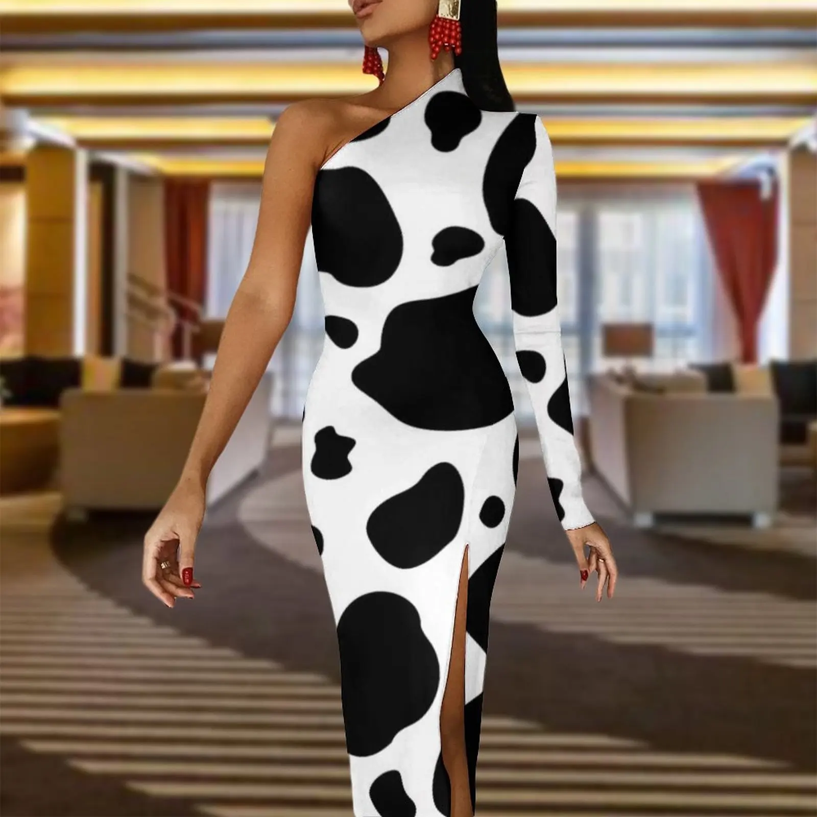 Black And White Cow Print Maxi Dress Cow Spots Pattern Party Bodycon Dresses Summer High Slit Night Club Dress Female Vestido