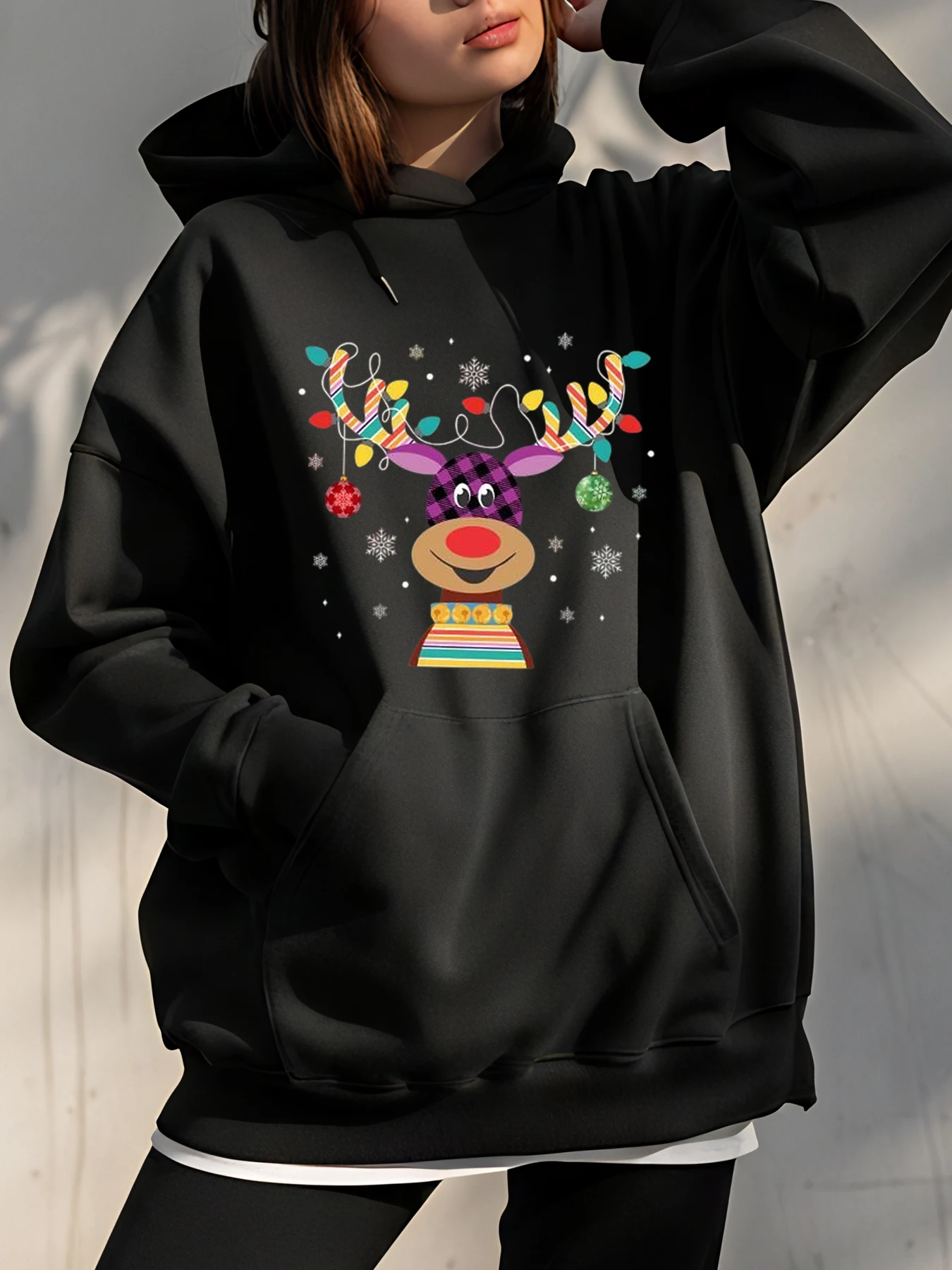 

Christmas Reindeer Print Hoodie with Colorful Lights and Snowflake Design for Festive Wear