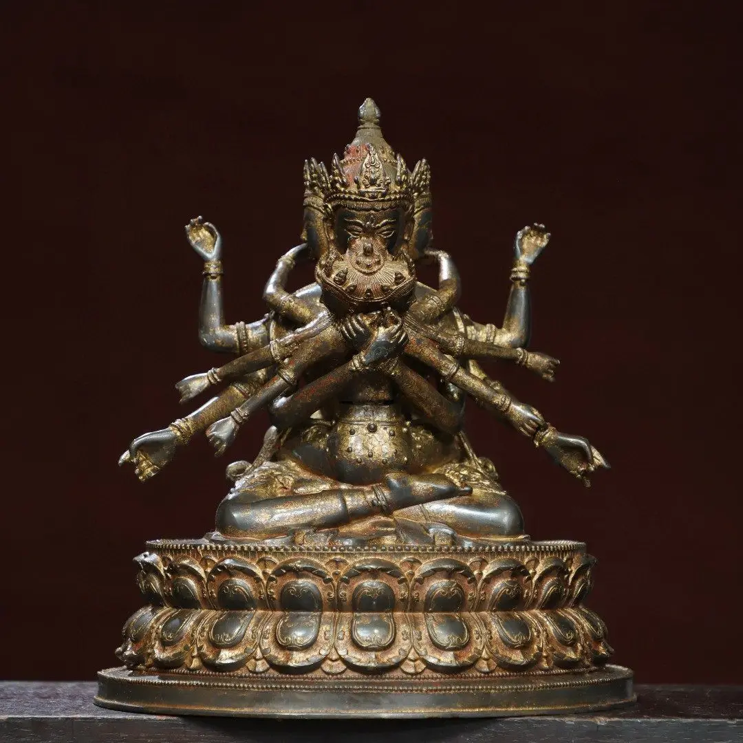 Tibetan Brass Gold Plated Happy Buddha Yellow Jambhala Double Body Statue Vintage Desktop Decoration