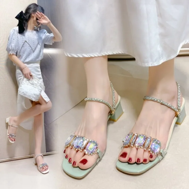 Fashion Rhinestone Sandals for Women Summer 2024 Square Heels Open Toe Slippers Woman Transparent PVC Jelly Sandal Mujer