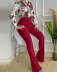 HGTE Spring Autumn Trend Casual Leaf Print Buttoned Shirt & High Waist Pants Sut Two Pieces Set Women Tracksuit Office Clothes