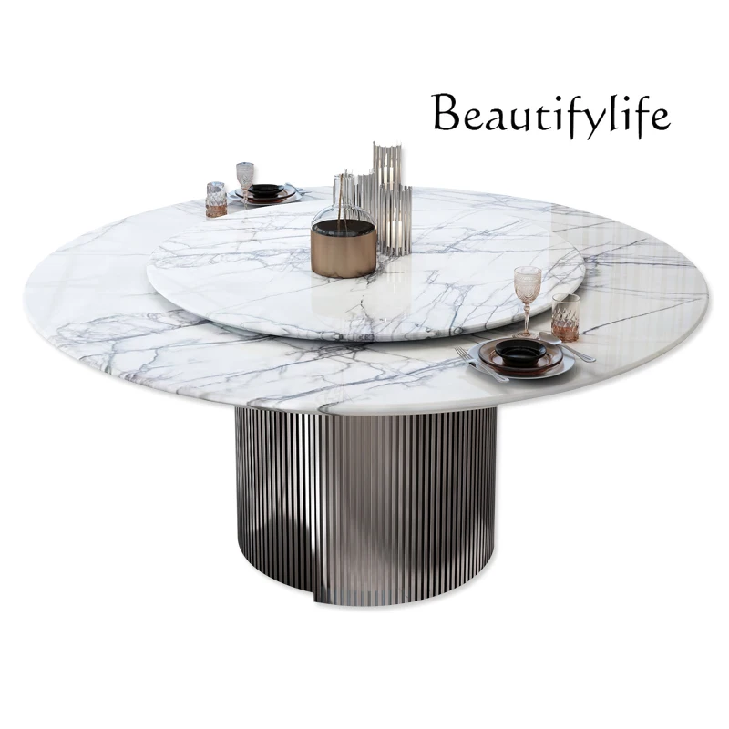 

Natural luxury stone round dining table with turntable villa large flat dining table designer high-end marble