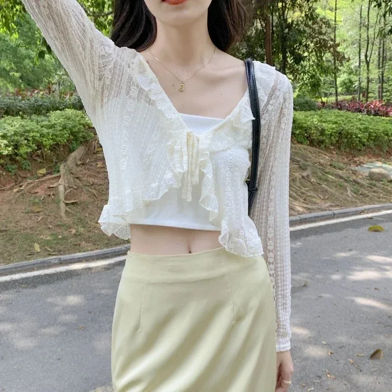 Korean Y2K Women Thin Sun Protection Coat Lace Bow Ruffle Cardigan White Casual Loose Summer Blouse Female Tops Shirt Blusa